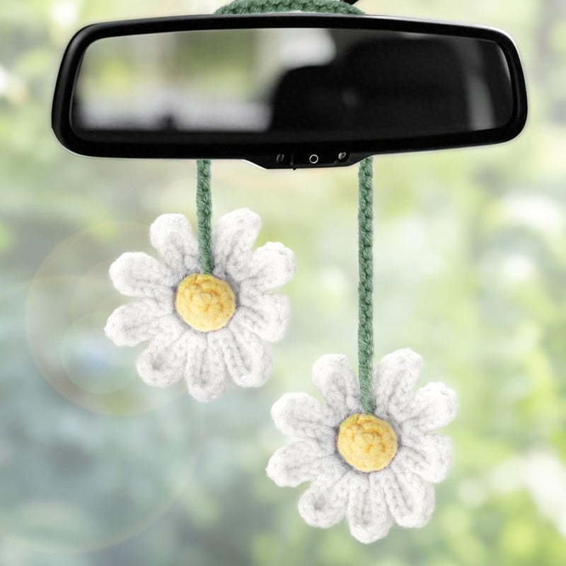 ecocstm 2 PCS Crochet Daisy Car Accessories for Women, Car Rearview Mirror White Flower Hanging Accessories, Handmade Cute Cars Accessory for Women Aesthetic, Cars Interior Decor Accessory Gift (White) - Image 1